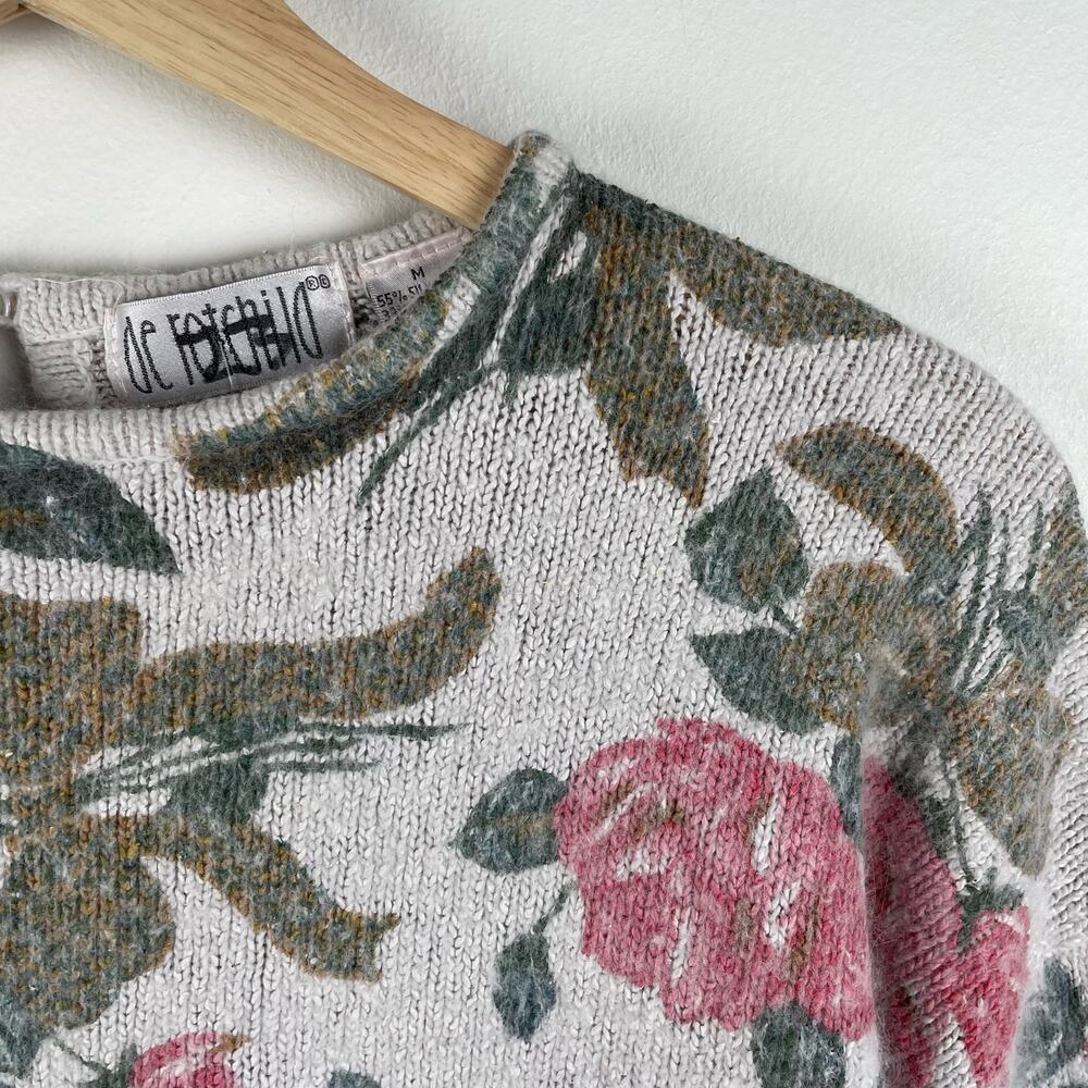 80s Vintage Sweater Womens M Floral Silk Angora Blend Fuzzy Knit Boxy Coquette - Picture 8 of 9